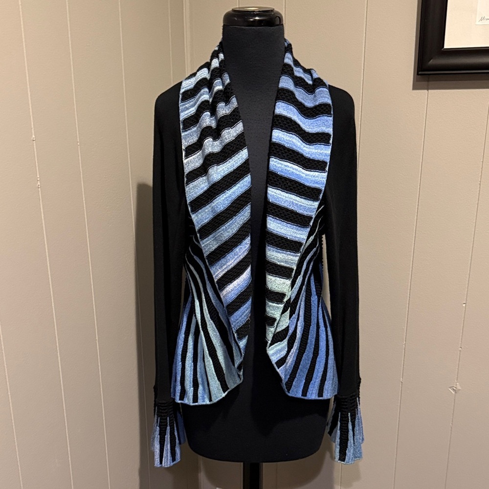 Angel Sabri Özel Women Large Italian Yarn Black and Blue Striped Cardigan Cowl